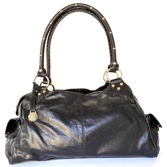 Rough Roses New Genuine Soft Black Leather Large Satchel Bag, Bright Gold Detail - Picture 7 of 11